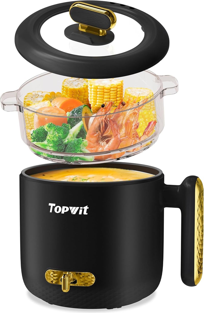 TopWit Hot Pot Electric with Steamer, 1.8L Ramen Cooker, Portable Electric Pot for Cooking, Multifunctional Cooker for Steak, Egg, Soup, Noodle with Power Adjustment, Dorm Room Essential, Black - Image 1